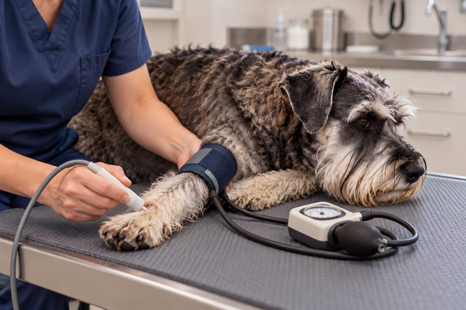 Veterinárka meria psovi krvný tlak pomocou Dopplerovho prístroja